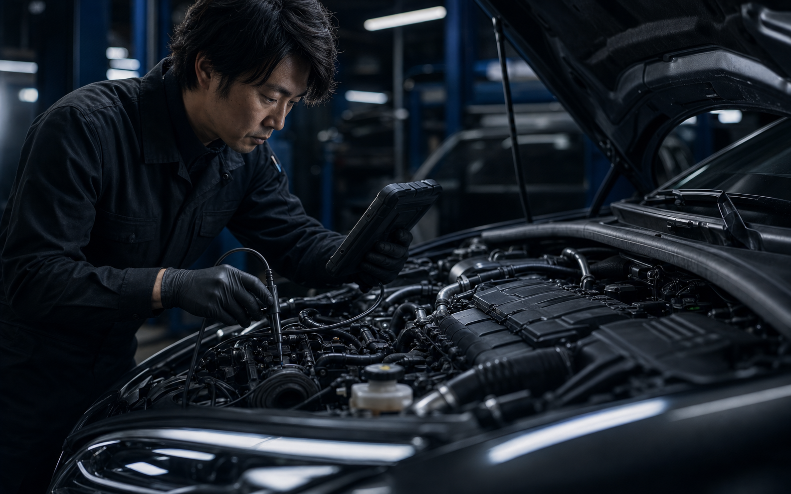 整備工場で診断機を使い車を点検するメカニック